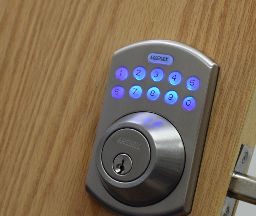 Electronic locks utilize a keypad to engage an electric motor that powers either a deadbolt or latch for keyless entry.