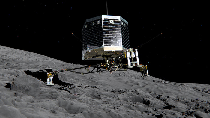 Still image from animation of Philae separating from Rosetta and descending to the surface of comet 67P/Churyumov-Gerasimenko in November 2014.