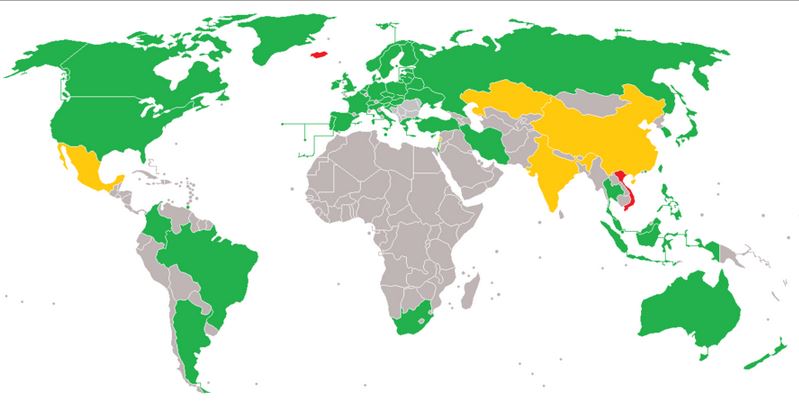 Many countries freely accept bitcoin. (Key: Green=Legal, Yellow=Restricted, Red=Banned)